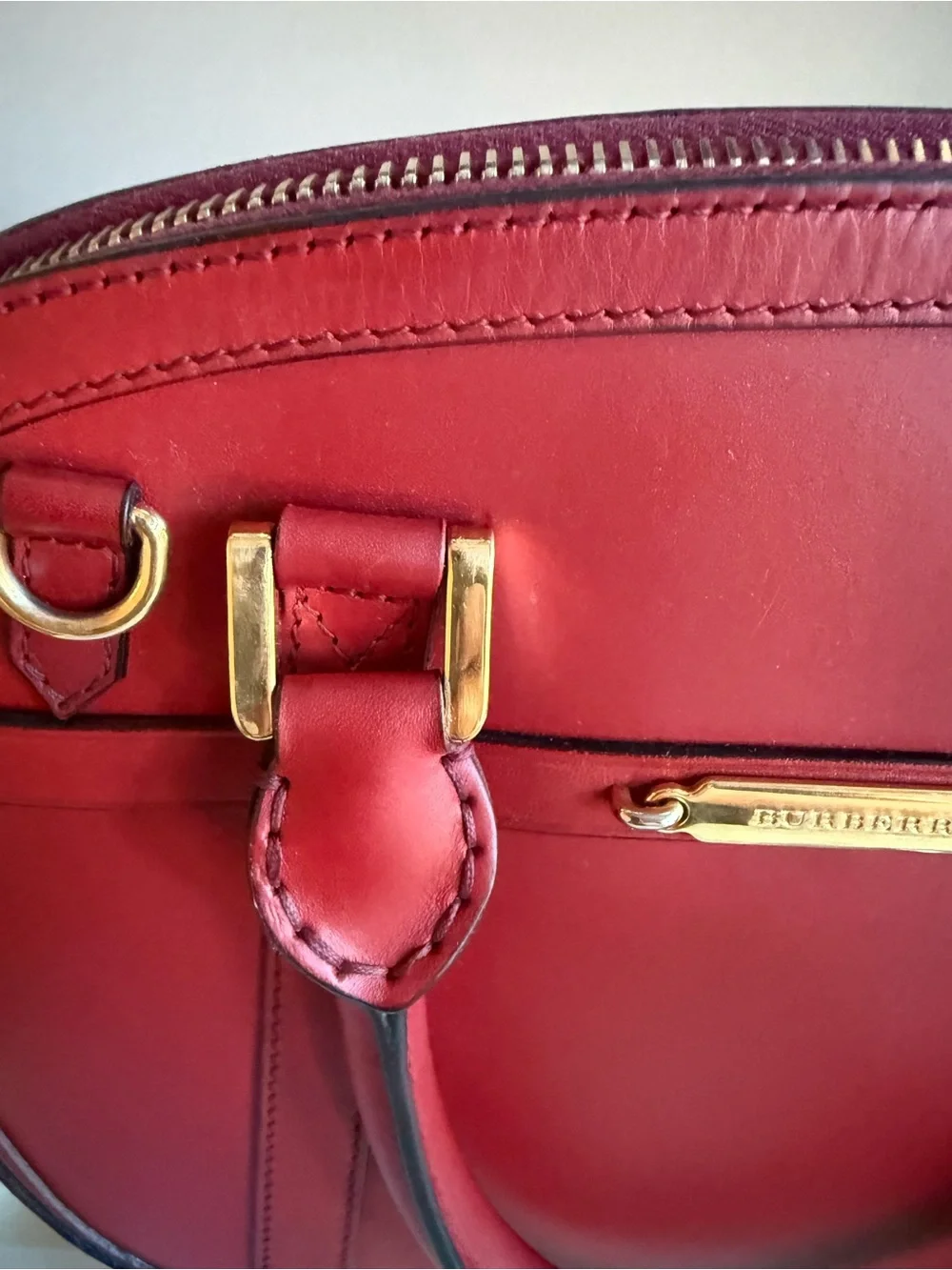 Burberry Red Leather Dome Satchel with Gold Hardware